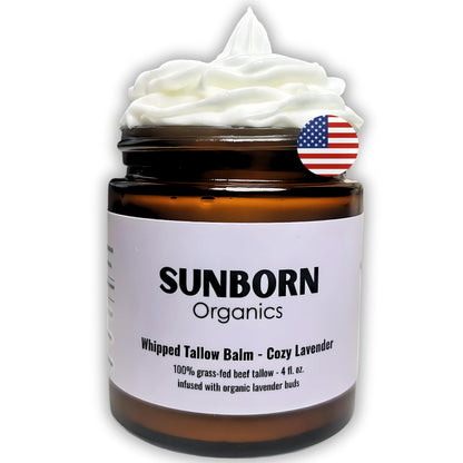 Pure Whipped Tallow Balm | Handmade in USA | 100% Organic Grass-Fed Beef Tallow for Skin | Beef Tallow Face Moisturizer Lotion for Dry Skin, Eczema, Baby, Lip Balm (4oz, Cozy Lavender)