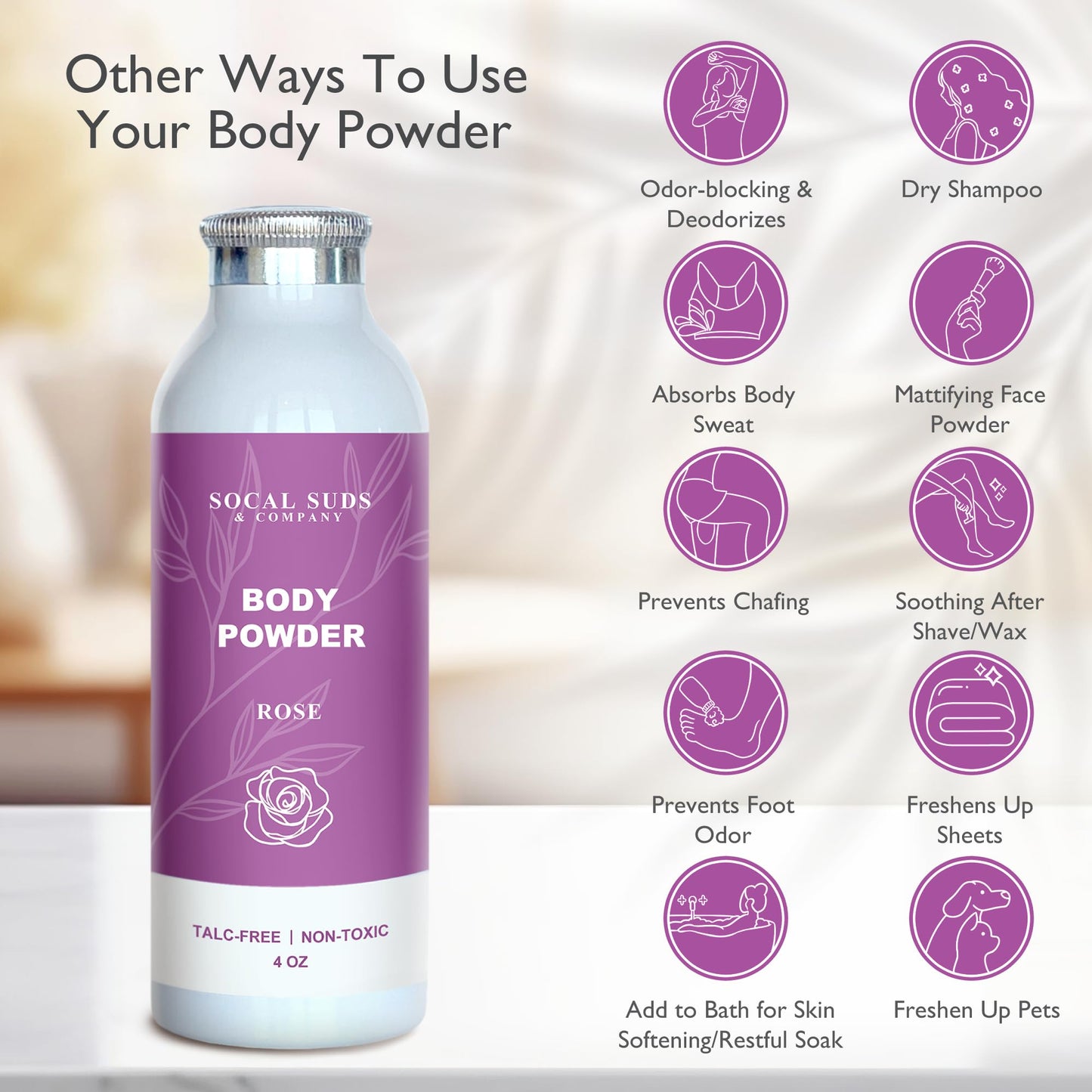 SoCal Suds & Company - Natural Body Powder Talc-Free with Arrowroot Powder, Kaolin, Aspen Bark Extract for Soft Soothing Delicate Skin - Rose 4oz, 1-Pack