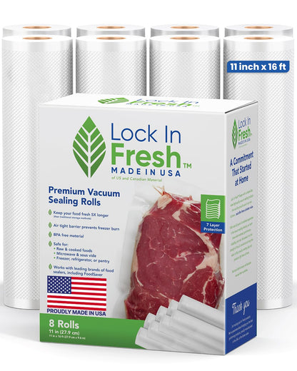 Lock In Fresh Vacuum Sealer Bags for Food - Heavy Duty Food Saver Vacuum Sealer Bag Rolls - Sous Vide, Seal a Meal Bags, 8-pack, 11" x 16' - Made in the USA