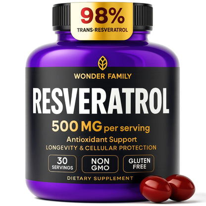 Resveratrol Supplement 500mg – 98% Trans Resveratrol 1000mg Organic Complex – NAD Resveratrol Antioxidants & Anti Aging Supplement for Heart Health, Memory Lift, Wellness Formula, Healthy Cell Support