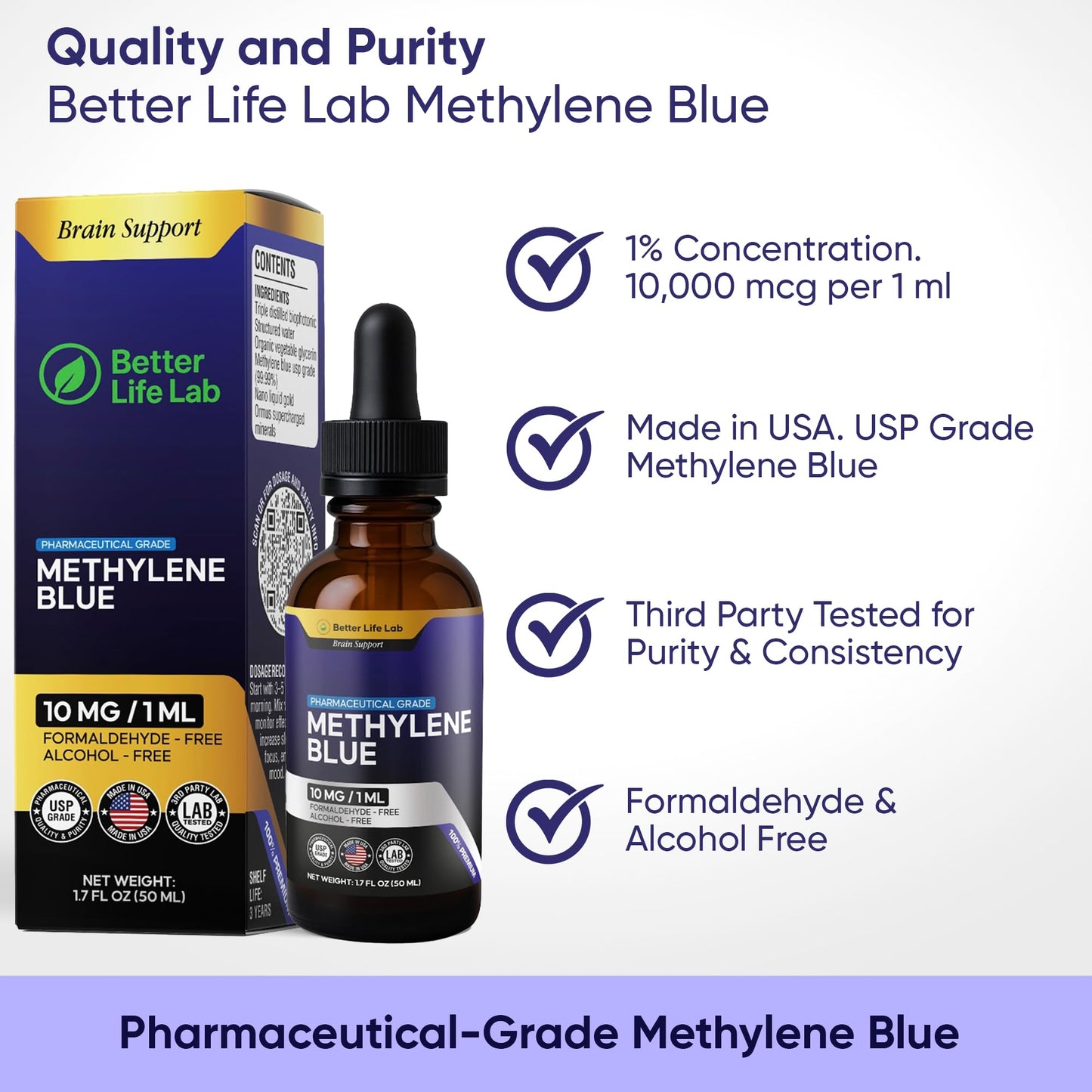 BETTER LIFE LAB Methylene Blue Pharmaceutical Grade 99.99% with Dropper, USP Grade Quality Drops, No Formaldehyde, Made in USA (1% 50ml Bottle)