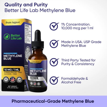 BETTER LIFE LAB Methylene Blue Pharmaceutical Grade 99.99% with Dropper, USP Grade Quality Drops, No Formaldehyde, Made in USA (1% 50ml Bottle)
