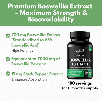 HCL HERBAL CODE LABS Boswellia Serrata Extract Capsules 65% Boswellic Acid 700mg Equal to 7000mg Resin Powder, Extra Strength & Superior Absorption, 6 Month Supply 180 Vegan Capsules Non-GMO