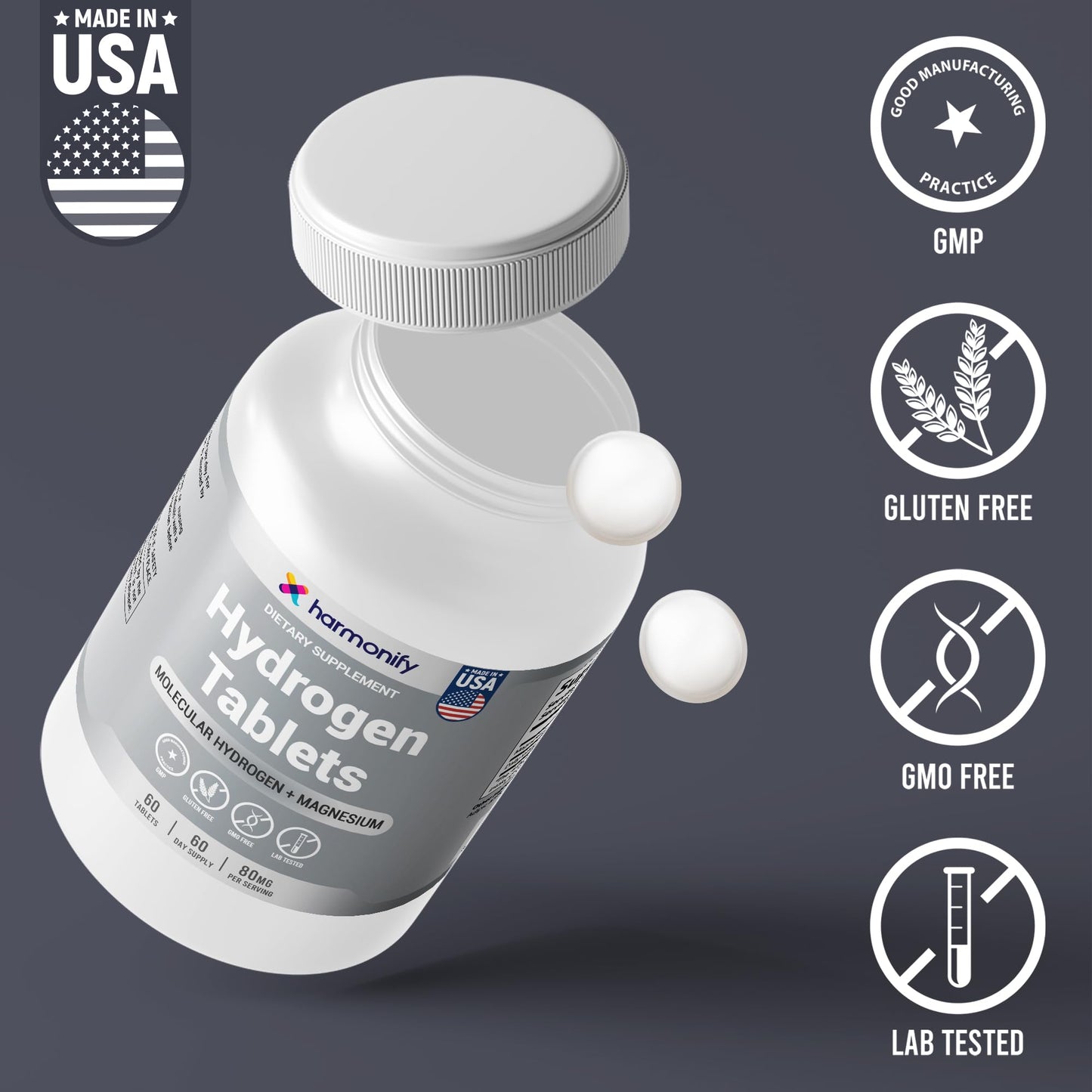 HARMONIFY Hydrogen Water Tablets for Drinking Water - Molecular Hydrogen + Magnesium for Cellular Health, Antioxidant Support & Energy - 60 H2 Tabs