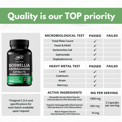 Boswellia Extract and Organic Ashwagandha Capsules 2000 mg - Strong Natural Support Pills 3 Month Supply - Consentrated Boswellia Serrata 65% Boswellic Acid with Ashwagandha Powder Supplement