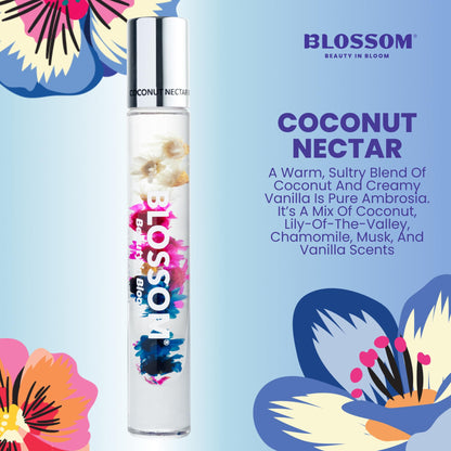 Blossom Roll on Perfume for Women Alcohol Free Rollerball Perfume Oil, Essential Oils, Infused with Real Flowers, Made in USA, 0.20oz (Coconut, Lily of the Valley, Chamomile, Vanilla), Coconut Nectar
