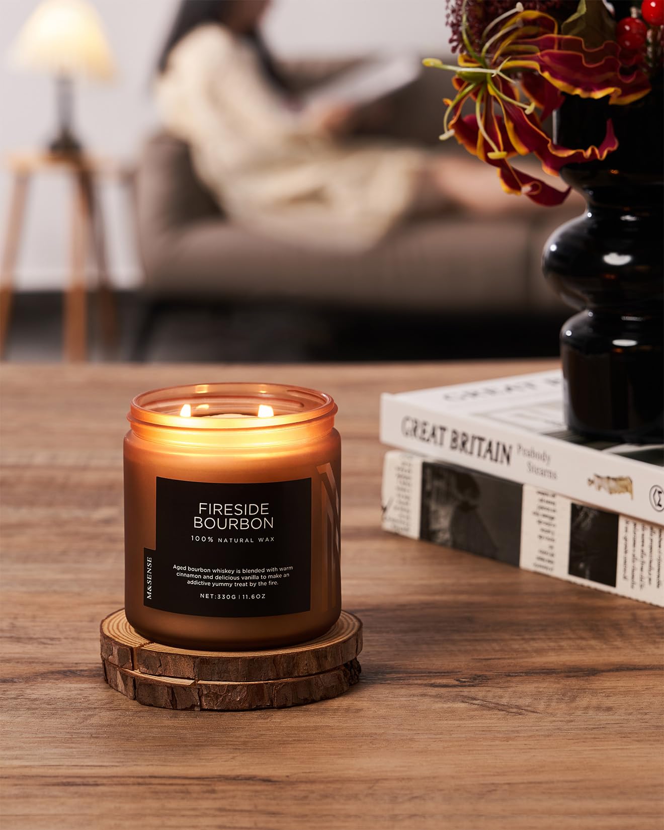 M&SENSE Fireside Bourbon Jar Candle, 11.6oz Clean Soy Wax Up to 70 Hours Burn Time Smoky Scent 2 Wick Cotton Fall Campfire Scented Candle for Home Decor Housewarming Gifts for Bathroom Office