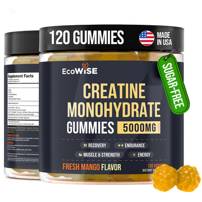 EcoWise Wellness Creatine Monohydrate Gummies 5000 mg, Fresh Mango Flavor, 120 Sugar-Free Vegan Chews, Creatine Supplement for Daily Routine