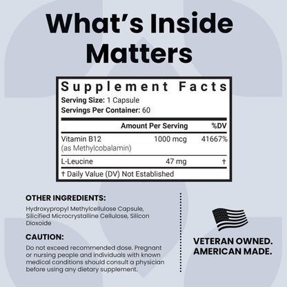 Luma Nutrition Vitamin B12 Methylcobalamin 1000 mcg - High Potency Vegan Supplements for Men & Women - Energy & Metabolism - Pure B12 Vitamins - 60 Capsules - Made in USA