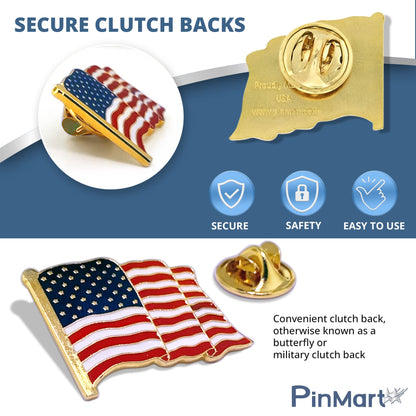 PinMart American Flag Lapel Pin – Made in the USA -Patriotic Waving United States Nickel Plated Enamel Pins for Coats, Suit Jackets and Lanyards