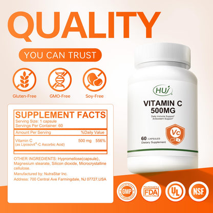 HUJ Vitamin C 500mg, Immune and Antioxidant Support, 60 Capsules
