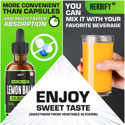 HERBIFY Lemon Balm Tincture - Melissa Officinalis Leaf Liquid Extract - Brain Support and Mood Boost - Lemon Balm Drops for Immune & Cognitive Support - 2 Fl oz