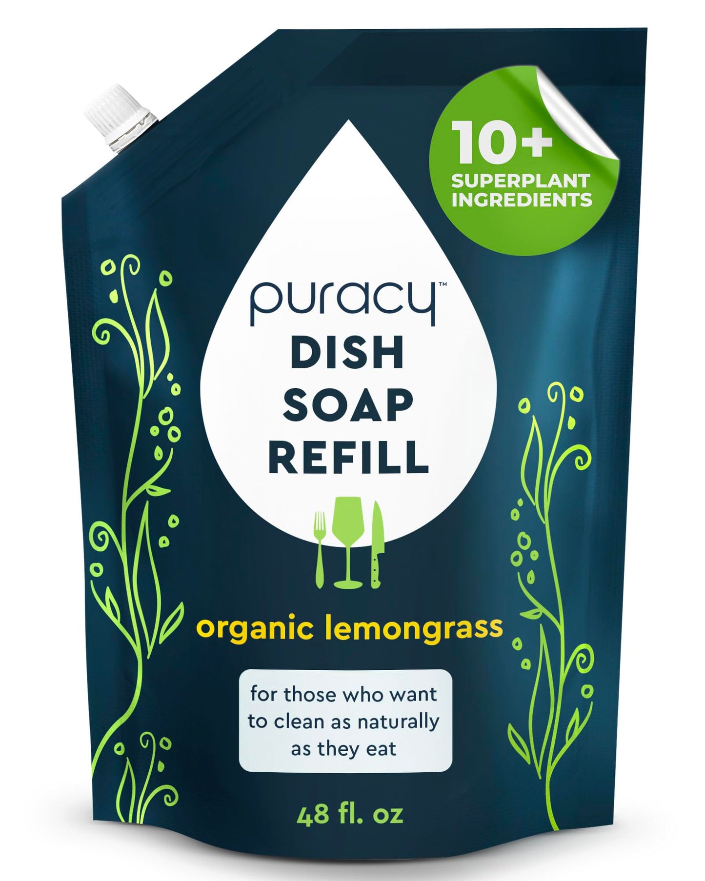 Puracy Natural Dish Soap Refill - Skin-Softening Plant-Based Liquid Dishwashing Detergent Soap, Clean-Rinsing Water-Sheeting Formula (Organic Lemongrass, 48 fl oz)