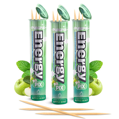 PurePix EnergyPix - Extra Thick Caffeine Flavored Toothpicks with L-Theanine, B12, for Focus & Energy - Sugar-Free Alternative to Energy Mints & Gum - 20 Count, Apple Mint 3 Pack