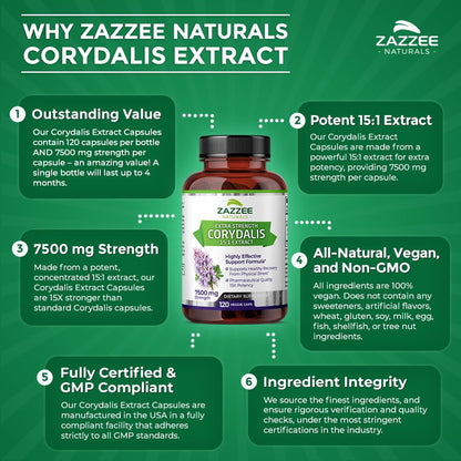 Zazzee Extra Strength Corydalis 15:1 Extract, 7500 mg Strength, 120 Vegan Capsules, Concentrated and Standardized 15X Extract, 100% Vegetarian, Premium Grade, Conolidine, All-Natural and Non-GMO
