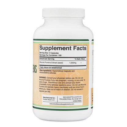 Mucuna Pruriens Extract Capsules - Dopamine Boosting Supplement - 210 Count, 1,000mg Per Serving, 20% (from Velvet Bean) (for Mood and Motivation Support) Third Party Tested by Double Wood