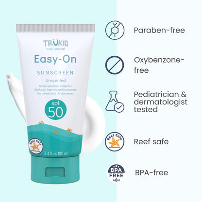 TruKid Easy On Mineral Sunscreen SPF 50 - All Natural Kids & Baby Sunscreen for Face & Body, Non-Toxic Zinc Oxide Sunblock Protection for Sensitive Skin, Unscented, FSA Eligible, Travel Size 3.4oz