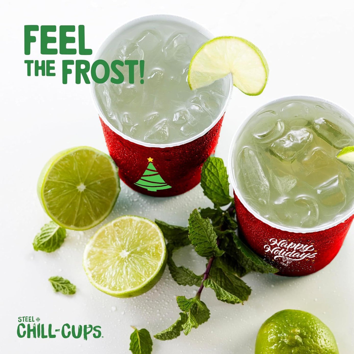 Steel Chill Cups 16 oz. Party Cups 'Happy Holidays' Christmas Tree Design for Cold Drinks, Durable, Disposable, Recyclable, Made in USA, Red, 12 Count