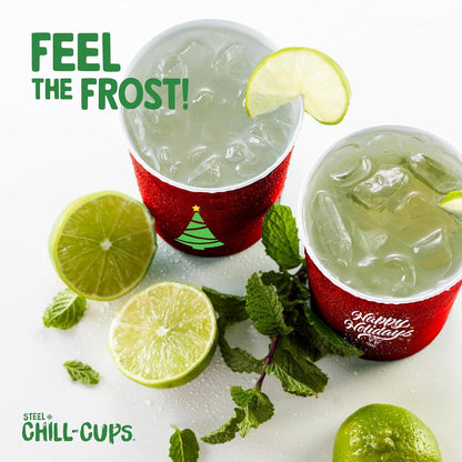 Steel Chill Cups 16 oz. Party Cups 'Happy Holidays' Christmas Tree Design for Cold Drinks, Durable, Disposable, Recyclable, Made in USA, Red, 12 Count
