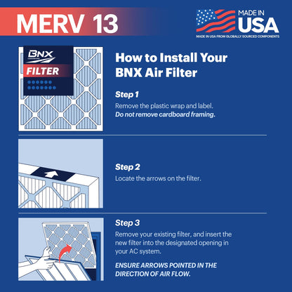 BNX TruFilter Air Filter MERV 13 - MADE IN USA - Electrostatic Pleated Air Conditioner HVAC AC Furnace Filters for Allergies, Pollen, Mold, Bacteria, Smoke, Allergen, MPR 1900 FPR 10