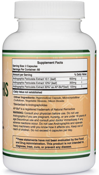 Andrographis Capsules Max Andrographides - 1,000mg Serving Size (120 Capsules) with AP-Bio (Patented Andrographis Paniculata Extract) - Clinically Studied for Immune System Health by Double Wood