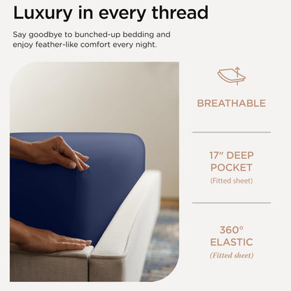 Threadmill Supima Cotton Sheets Queen | 656 Thread Count Queen Sheets for Queen Mattress | 4 Piece Luxury Bed Sheets | Sateen Weave Hotel Quality Sheet with Elasticized Deep Pocket | Folkstone Blue