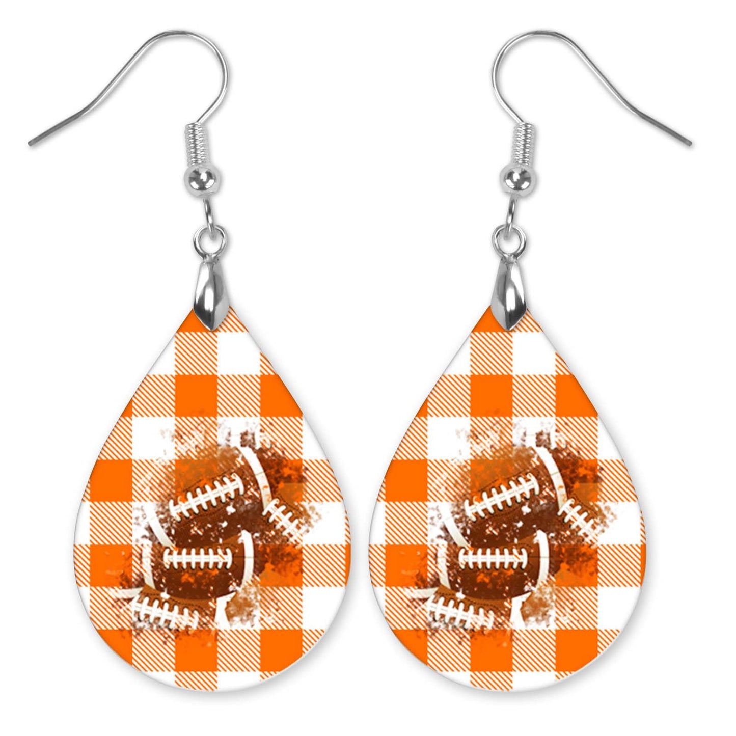 Football Earrings Orange & White Checkerboard Plaid Dangle Teardrop MDF Sports School Team Spirit Fan Jewelry Gift for Women Handmade by The Painted Pug (Orange Checkerboard)