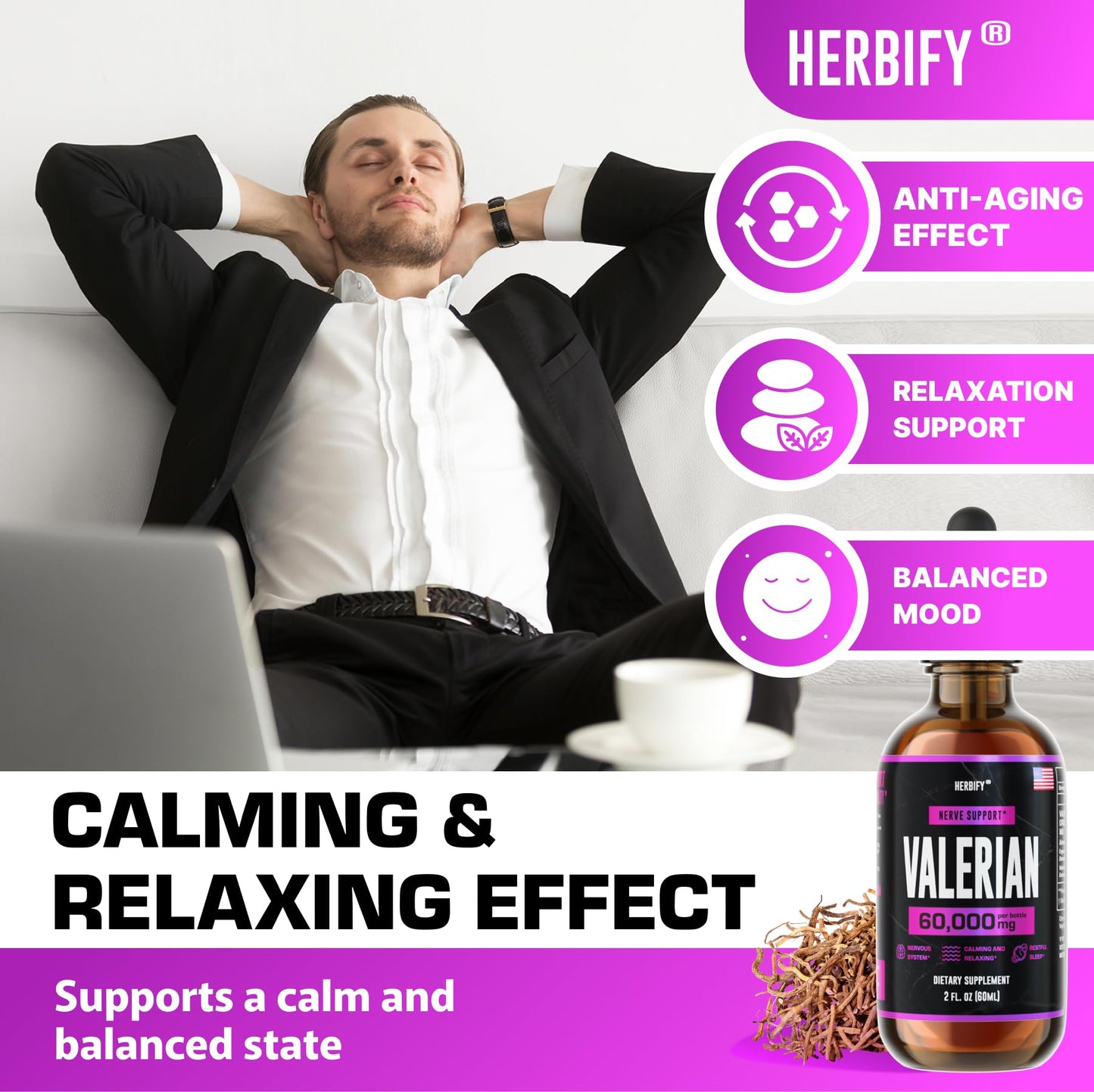 HERBIFY Valerian Root Supplement - Valerian Root Tincture – Nervous System Support 2 Fl oz