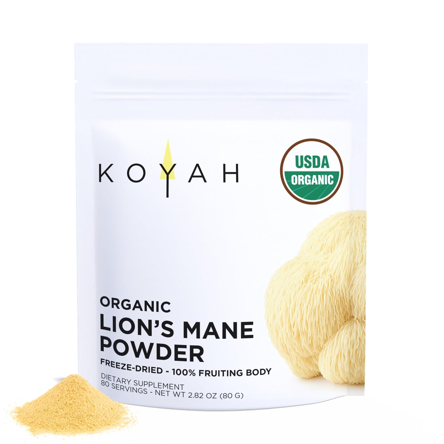 KOYAH - Organic USA Lion's Mane Mushroom Powder - 80 Servings - 100% Fruiting Body, Freeze-Dried, 3rd Party Tested for Beta-Glucans, Non-GMO, Vegan. Brain & Nerve Support. Immune Support.