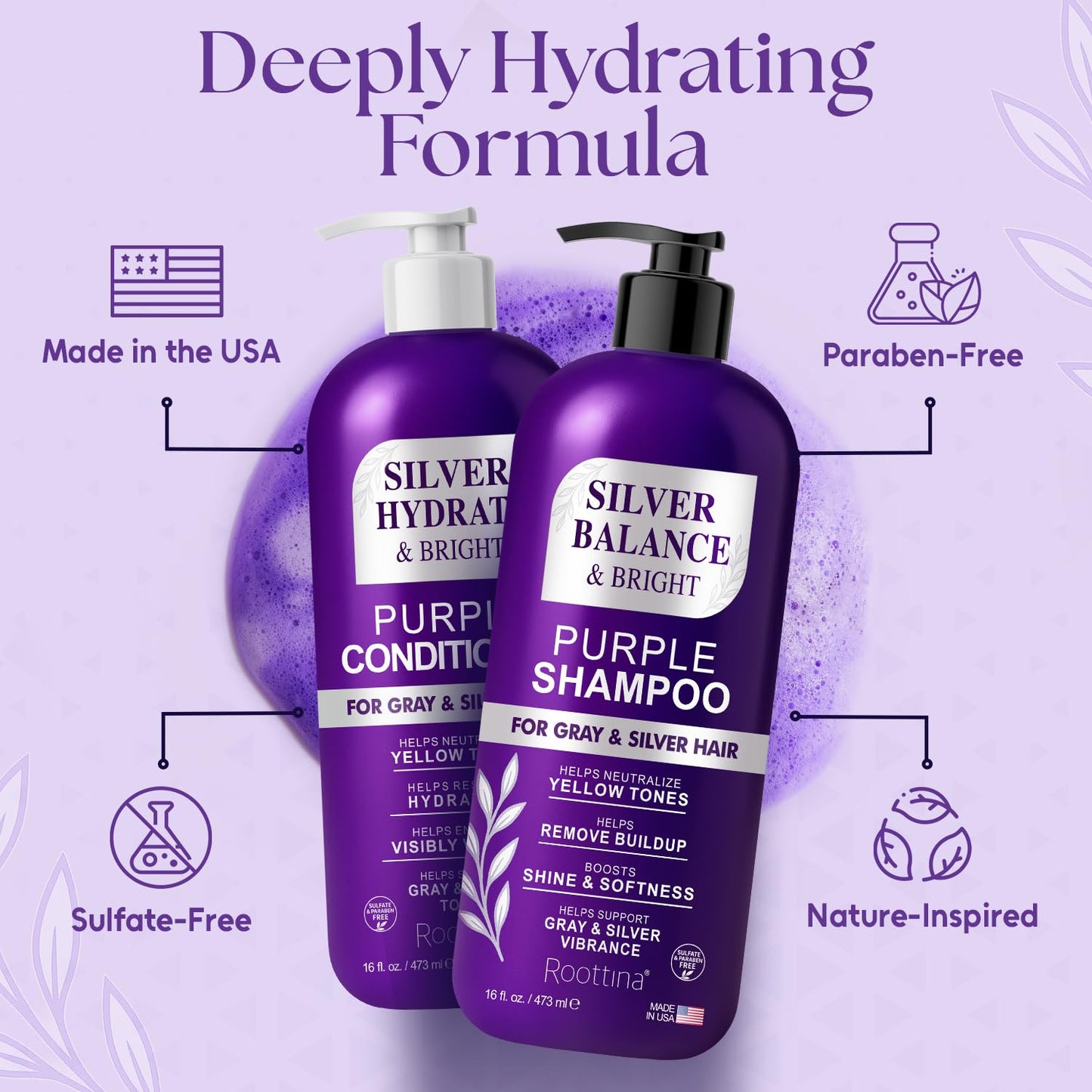 ROOTTINA Purple Shampoo and Conditioner Set for Grey Hair – Silver & White, Balance & Bright, Brass Neutralizing, High Hydration Without Drying Out, Sulfate-Free, Made in USA, 16 fl oz Each