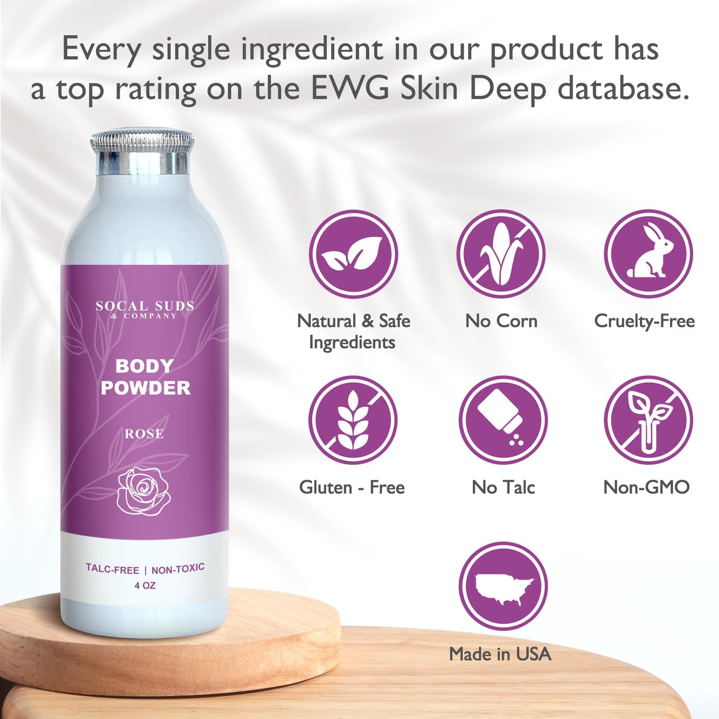 SoCal Suds & Company - Natural Body Powder Talc-Free with Arrowroot Powder, Kaolin, Aspen Bark Extract for Soft Soothing Delicate Skin - Rose 4oz, 1-Pack