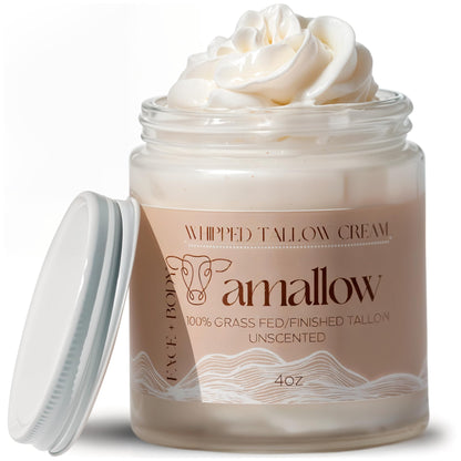 Amallow 100% Grass Fed Beef Tallow for Skin Care - Face + Body - Whipped Moisturizer for Sensitive Skin - Natural Lotion, 4 FL. oz. (Unscented)