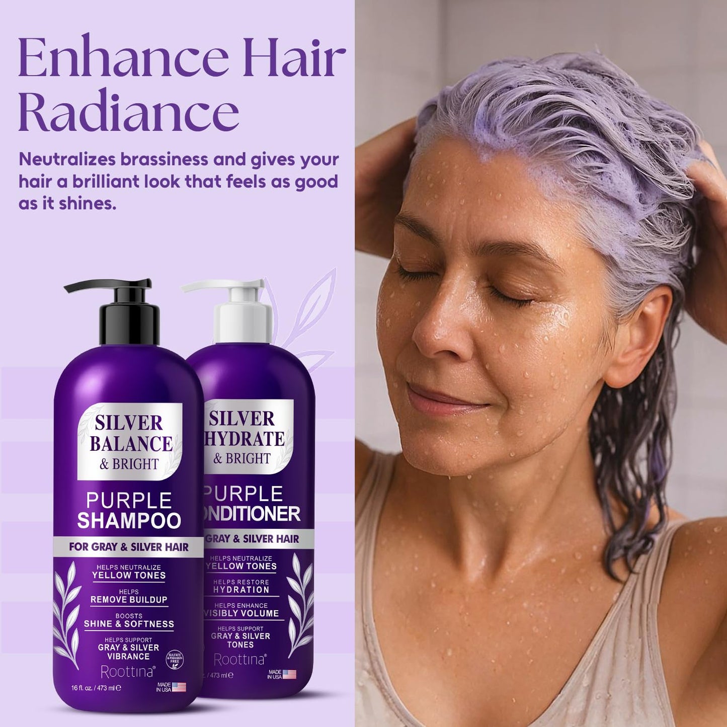 ROOTTINA Purple Shampoo and Conditioner Set for Grey Hair – Silver & White, Balance & Bright, Brass Neutralizing, High Hydration Without Drying Out, Sulfate-Free, Made in USA, 16 fl oz Each