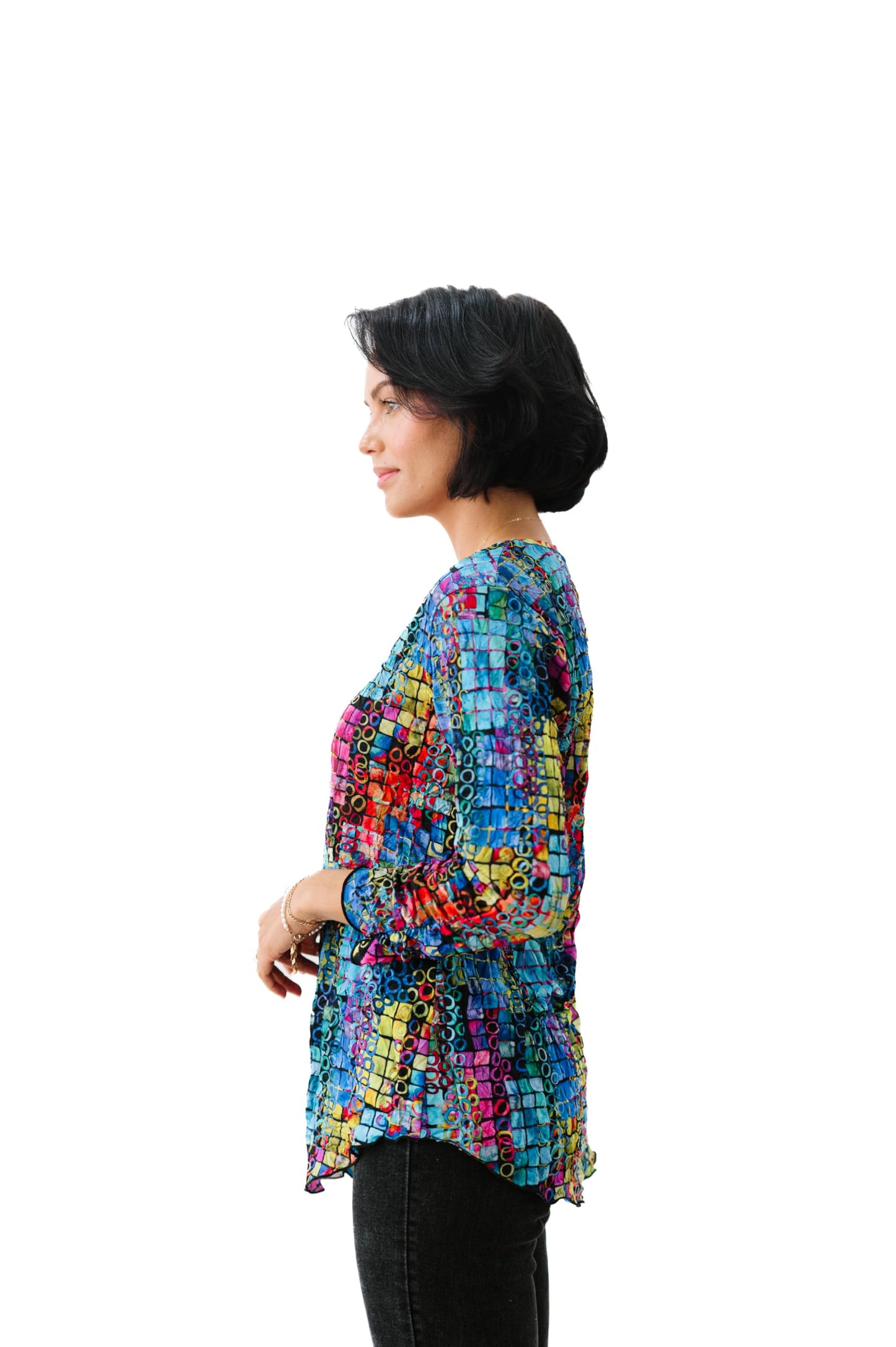 SNO SKINS Fall/Winter Collection Designer Print Crinkle V-Neck Top with Rouched Detail (Spectrum)
