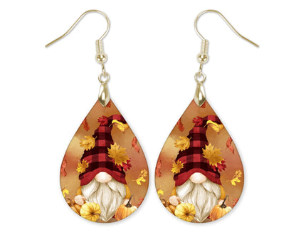 Gnome Fall Earrings for Women Autumn Thanksgiving Lightweight Teardrop Dangle Fun Colorful Statement Jewelry Handmade by the Painted Pug (Fall Gnome Leaves)