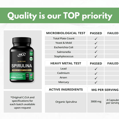 Spirulina Powder Capsules 3000 mg - Purest Non-Irradiated Blue Green Algae - Best Raw Vegan Protein - Green Superfood - Natural Multivitamins – 180 Pills Made in The USA