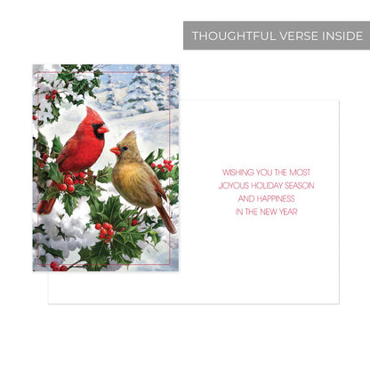 Masterpiece Cardinal Couple Christmas Cards / 16 Festive Holiday Cards With Coordinating White Envelopes Set / 5 5/8" x 7 7/8" Winter Cardinals Greeting Cards With Inside Verse/Made In The USA