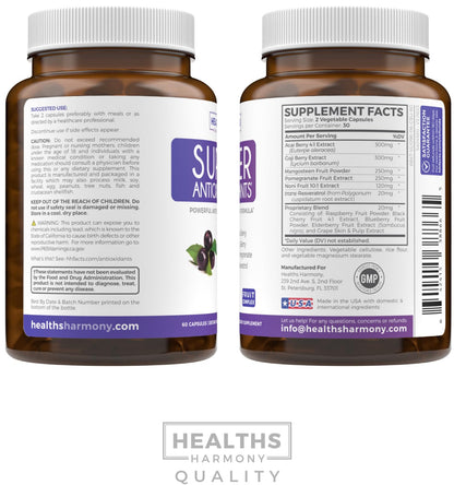Super Antioxidants Supplement - Powerful Super Food Antioxidant Daily Blend - Acai Berry, Goji, Pomegranate & Trans Resveratrol - Herbal and Fruit Formula For Women and Men - Skin Care - 60 Capsules