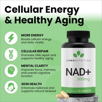 Luma Nutrition NAD+ Supplement 1000mg (500mg per Capsule) – Aging Plus Energy, Metabolism & Cellular Support – Pure NAD Supplements for Women & Men, Made in USA