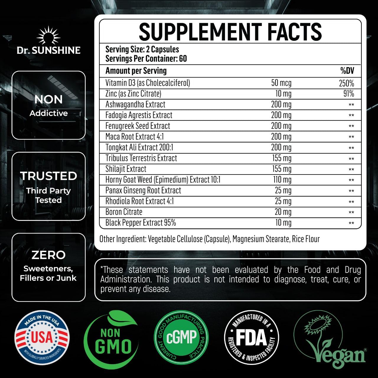 DR. SUNSHINE Forged 14 in 1 Shilajit for Men, Natural Energy, Men's Vitality Complex, Strength & Endurance Support with Fenugreek, Ashwagandha, Tongkat Ali, & More - 2 Month (120 Capsules)