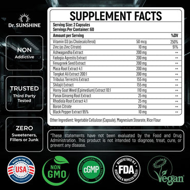 DR. SUNSHINE Forged 14 in 1 Shilajit for Men, Natural Energy, Men's Vitality Complex, Strength & Endurance Support with Fenugreek, Ashwagandha, Tongkat Ali, & More - 2 Month (120 Capsules)