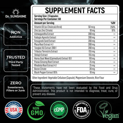 DR. SUNSHINE Forged 14 in 1 Shilajit for Men, Natural Energy, Men's Vitality Complex, Strength & Endurance Support with Fenugreek, Ashwagandha, Tongkat Ali, & More - 2 Month (120 Capsules)