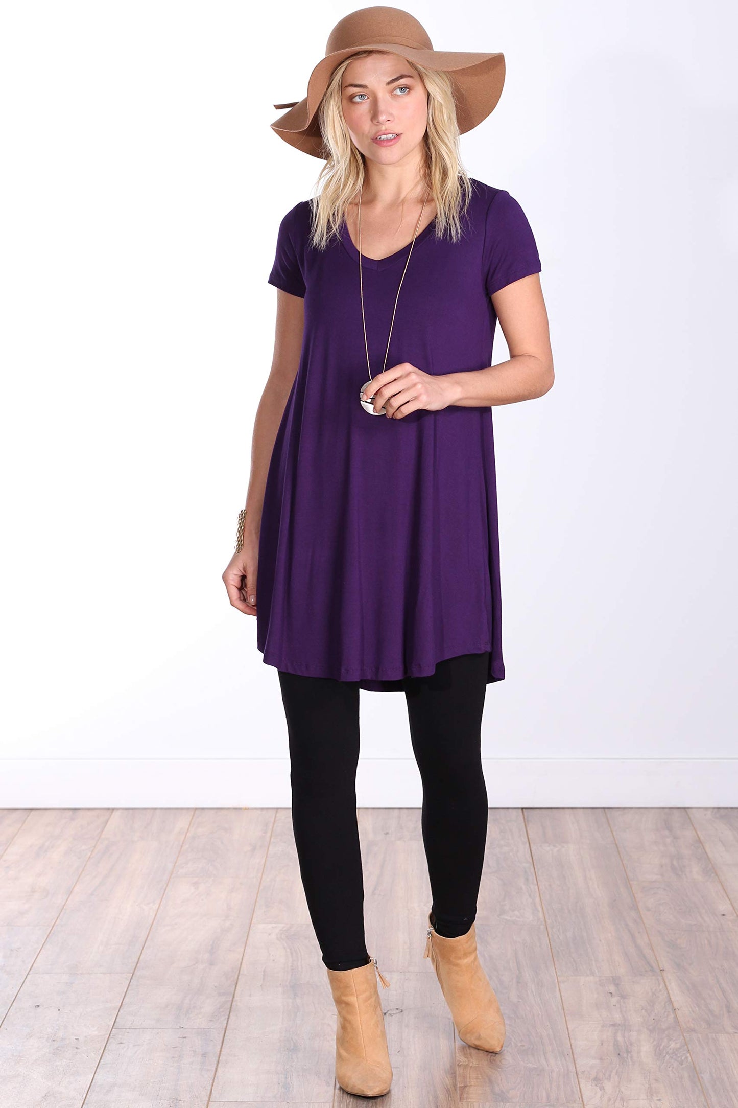 Popana Womens Short Sleeve Summer Tunic Tops to Wear with Leggings Loose Fit Made in USA Eggplant