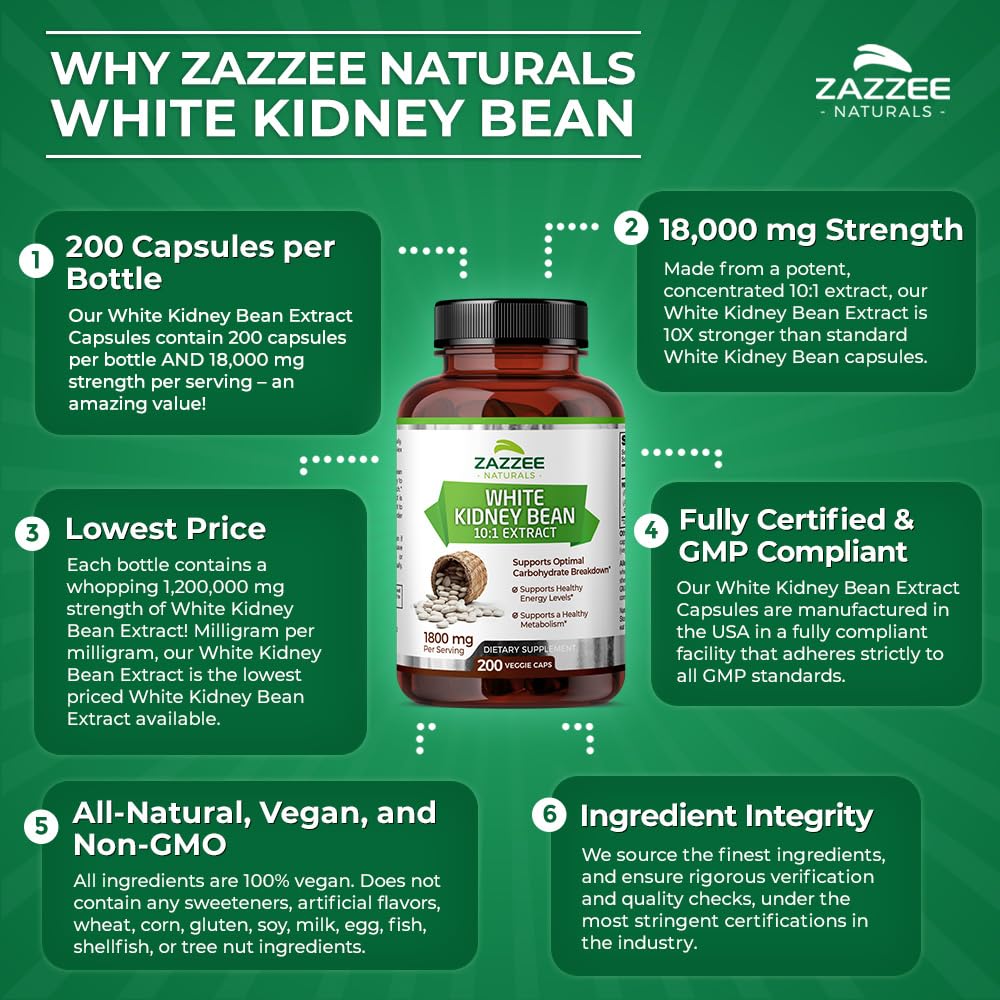 Zazzee White Kidney Bean 10:1 Extract, 1800 mg per Serving, 200 Vegan Capsules, Over 2 Month Supply, Standardized, Concentrated 10X Extract, 100% Vegetarian, All-Natural and Non-GMO, Made in The USA