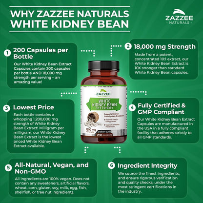 Zazzee White Kidney Bean 10:1 Extract, 1800 mg per Serving, 200 Vegan Capsules, Over 2 Month Supply, Standardized, Concentrated 10X Extract, 100% Vegetarian, All-Natural and Non-GMO, Made in The USA