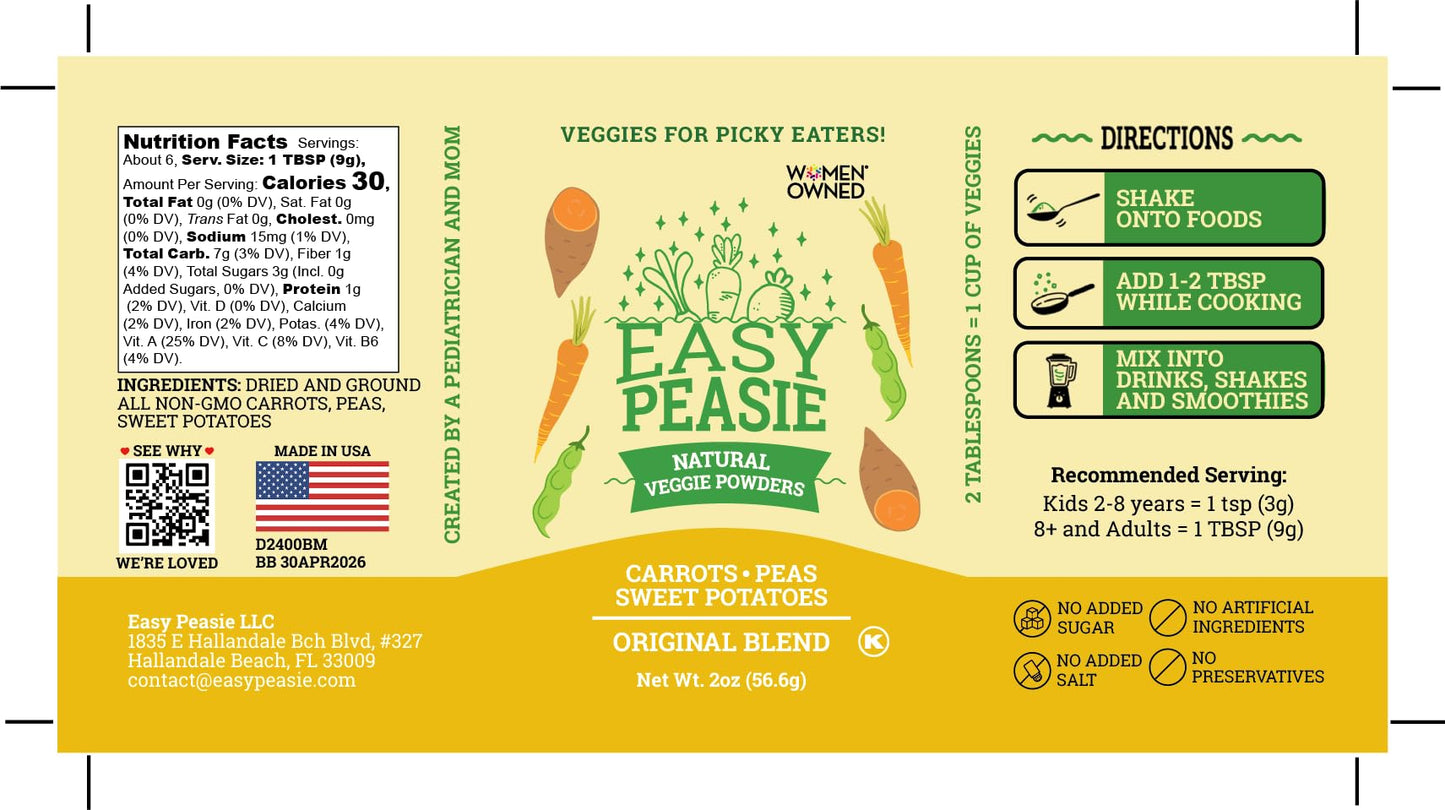 Easy Peasie Vegetable Powder Blend for Kids and Picky Eaters, Non-GMO Dried Ground Veggie Sprinkles | Peas, Carrots, Sweet Potatoes (Natural, 2oz)