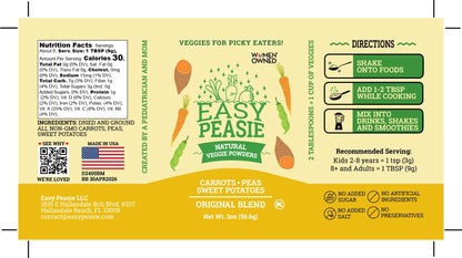 Easy Peasie Vegetable Powder Blend for Kids and Picky Eaters, Non-GMO Dried Ground Veggie Sprinkles | Peas, Carrots, Sweet Potatoes (Natural, 2oz)