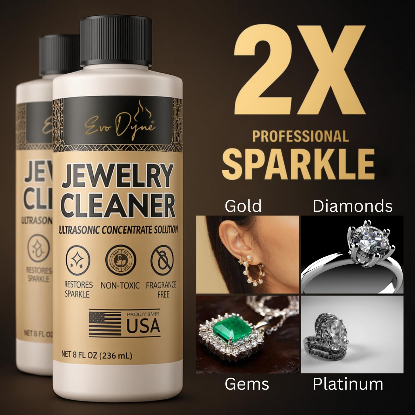 Ultrasonic Jewelry Cleaner Solution (8oz) Concentrated Jewelry Cleaner for Diamonds, Gold, Silver & More | Compatible with Ultrasonic Machine (s) - Made in USA
