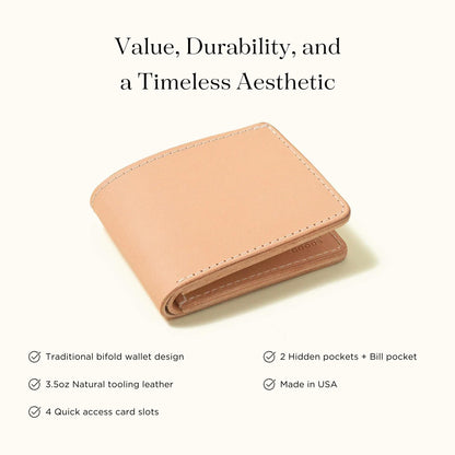 TANNER GOODS Mens Wallet. Mens Leather Wallets. Utility Bifold 4 Card Pocket Wallet, Billfold Slot Cardholder. Made in USA, Natural