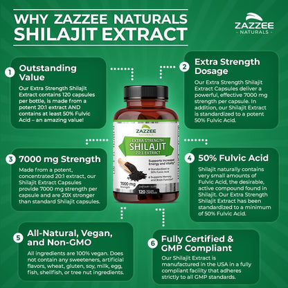Zazzee 100% Pure Organic Himalayan Shilajit 20:1 Extract, 7000 mg Strength per Capsule, 50% Fulvic Acid, 120 Servings per Bottle, 20X Potency, Rich in Trace Minerals, Non-GMO, Vegan, Made in The USA